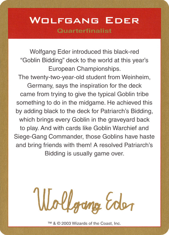 Wolfgang Eder Bio [World Championship Decks 2003] | RetroPlay Games