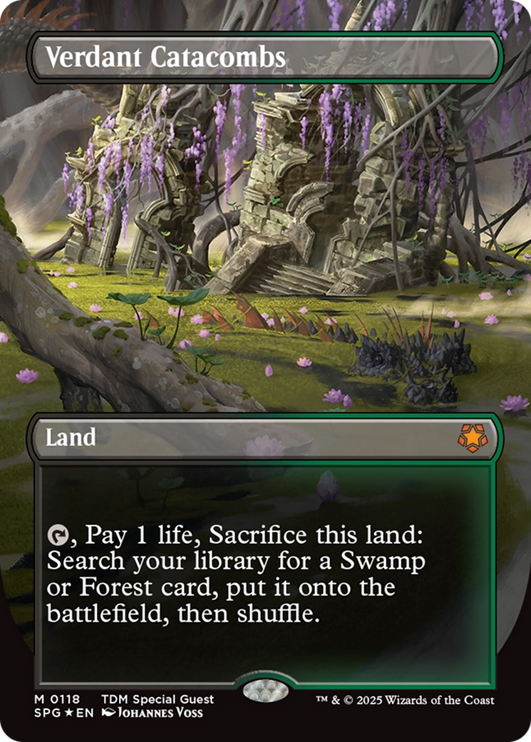 Verdant Catacombs (Borderless) (Dragonscale Foil) [Tarkir: Dragonstorm Special Guests] | RetroPlay Games