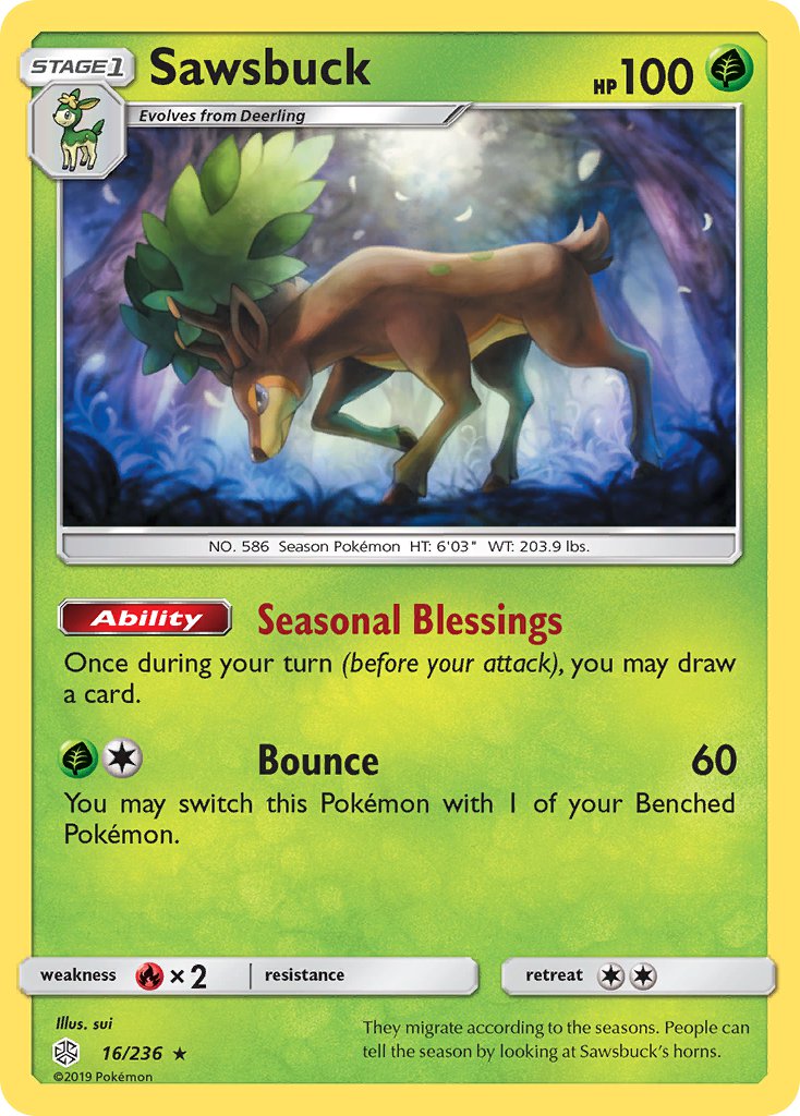 Sawsbuck (16/236) (Prerelease Kit Exclusive) (Theme Deck Exclusive) [Sun & Moon: Cosmic Eclipse] | RetroPlay Games