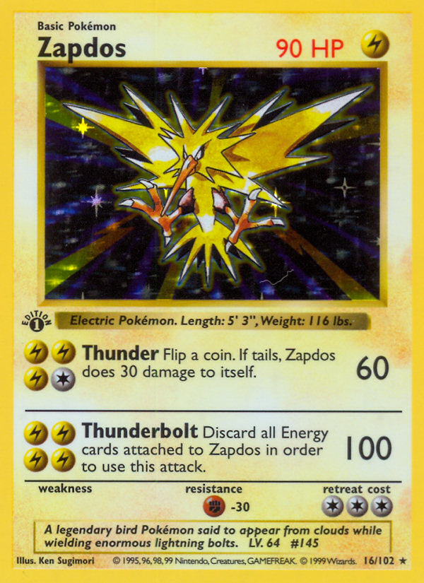 Zapdos (16/102) (Shadowless) [Base Set 1st Edition] | RetroPlay Games