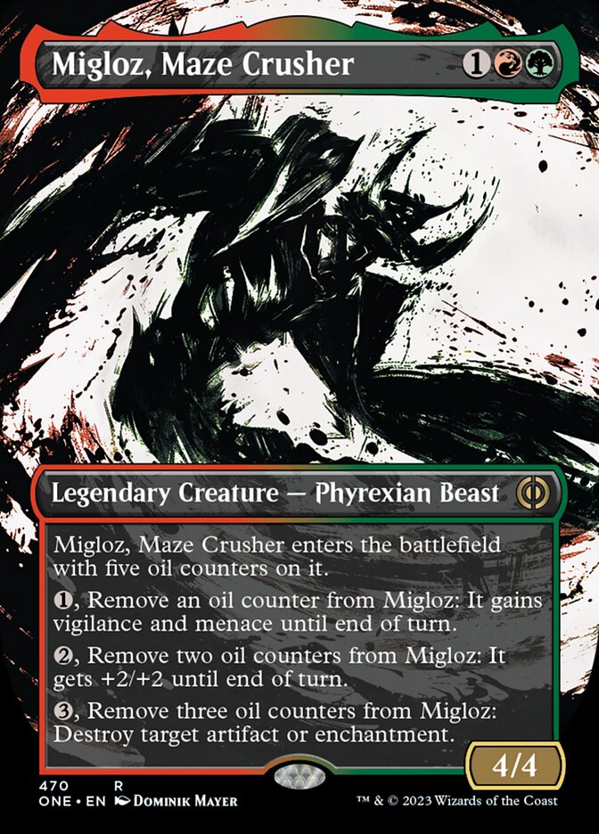 Migloz, Maze Crusher (Borderless Ichor Step-and-Compleat Foil) [Phyrexia: All Will Be One] | RetroPlay Games